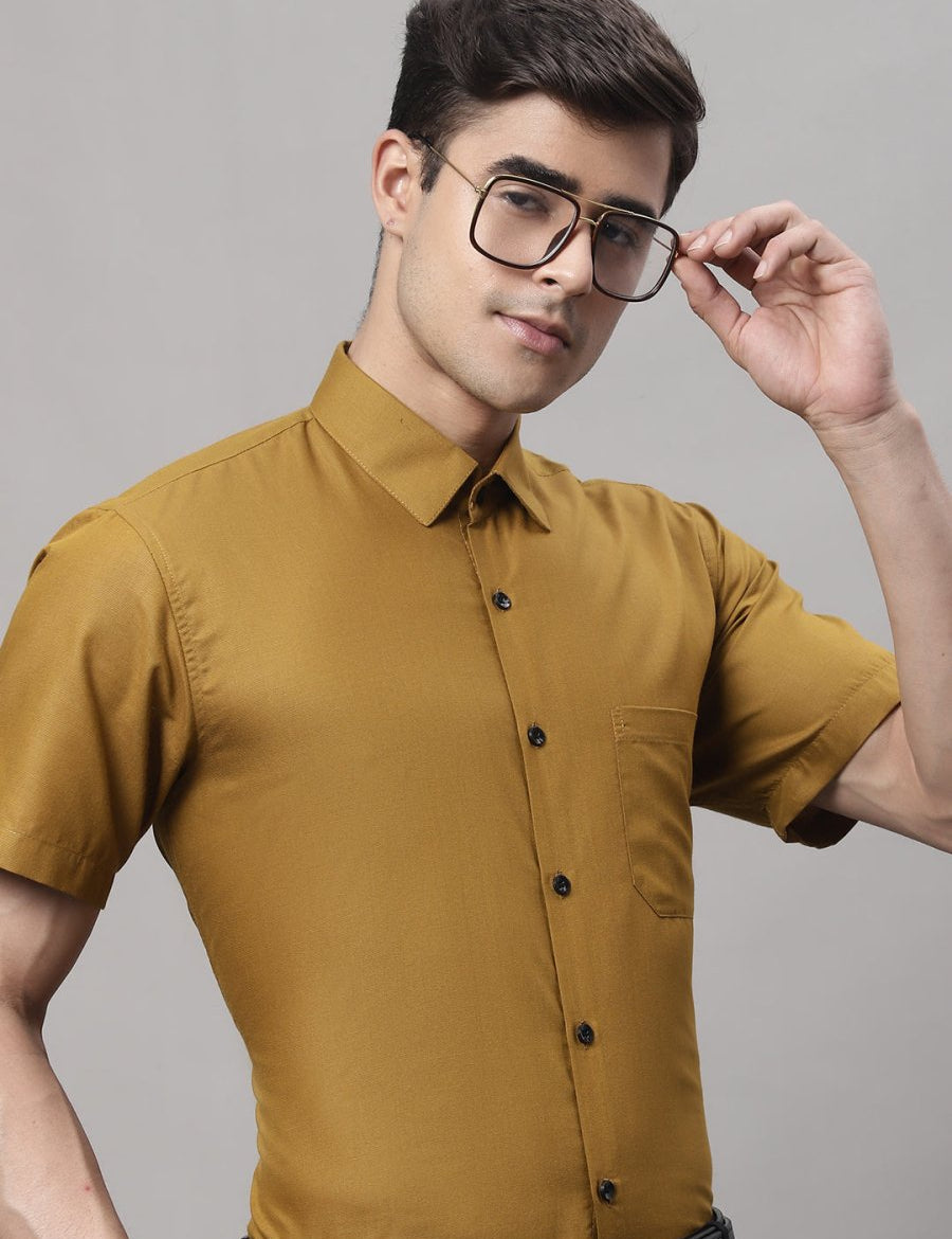 Indian Needle Men's Cotton Half Sleeves Solid Formal Shirts - SF_754Mustard_S