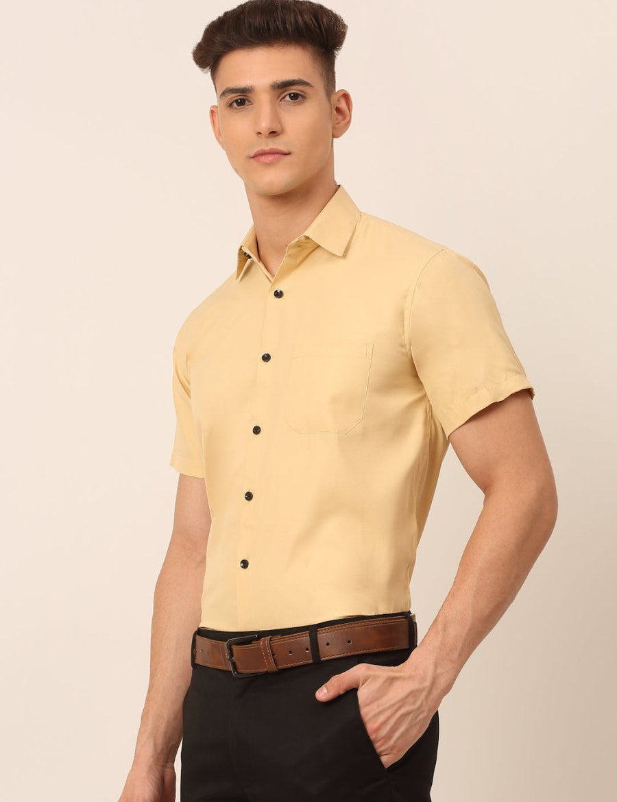 Indian Needle Men's Cotton Half Sleeves Solid Formal Shirts - SF_754Beige_S