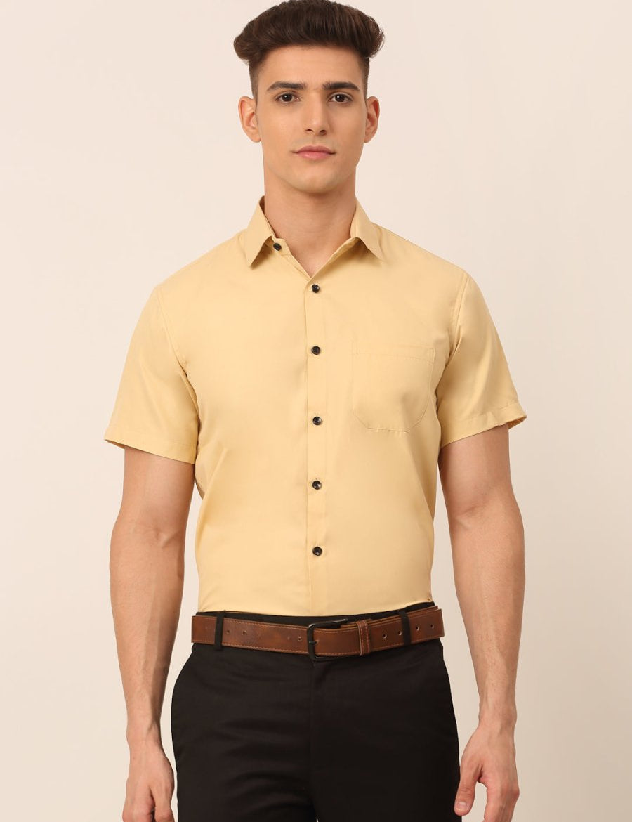 Indian Needle Men's Cotton Half Sleeves Solid Formal Shirts - SF_754Beige_S