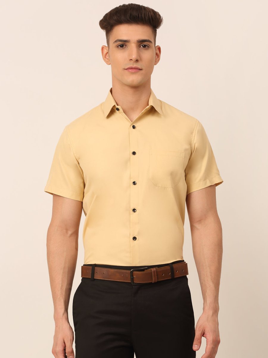 Indian Needle Men's Cotton Half Sleeves Solid Formal Shirts - SF_754Beige_S