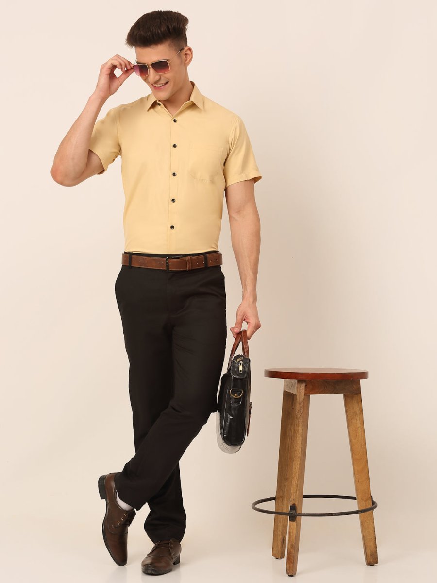 Indian Needle Men's Cotton Half Sleeves Solid Formal Shirts - SF_754Beige_S