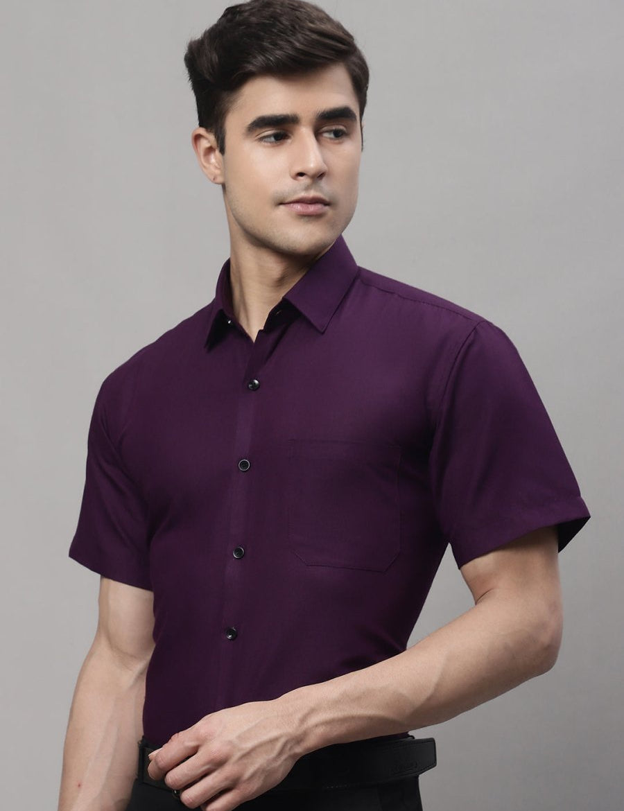 Indian Needle Men's Cotton Half Sleeves Solid Formal Shirts - SF_754Wine_S