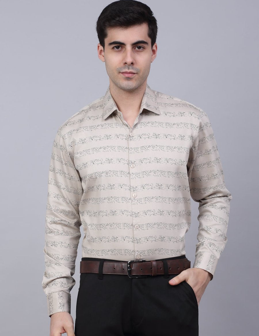 Indian Needle Men's Cotton Lycra Printed Formal Shirts - SF_844Cream_S