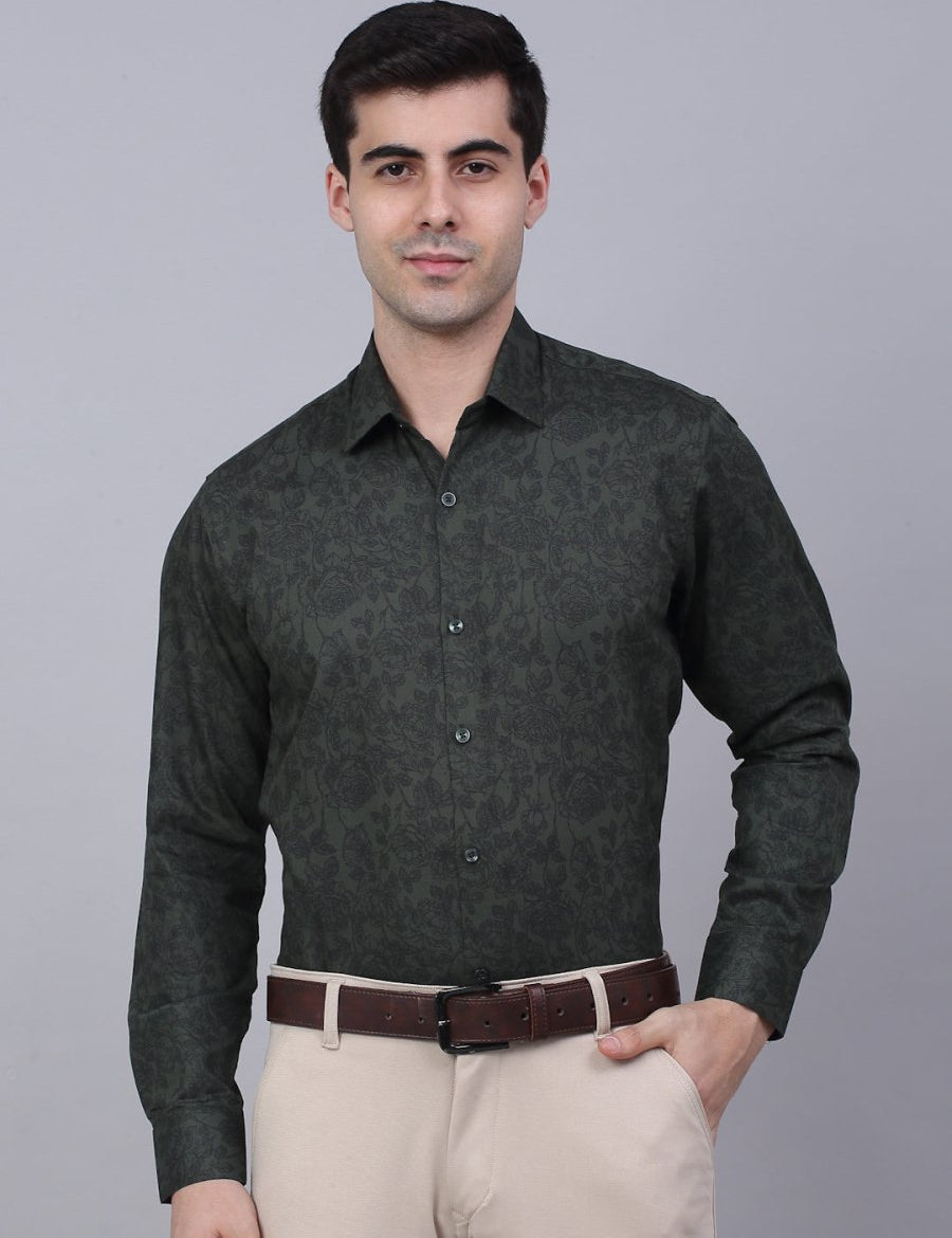Indian Needle Men's Cotton Lycra Printed Formal Shirts - SF_845Olive_S