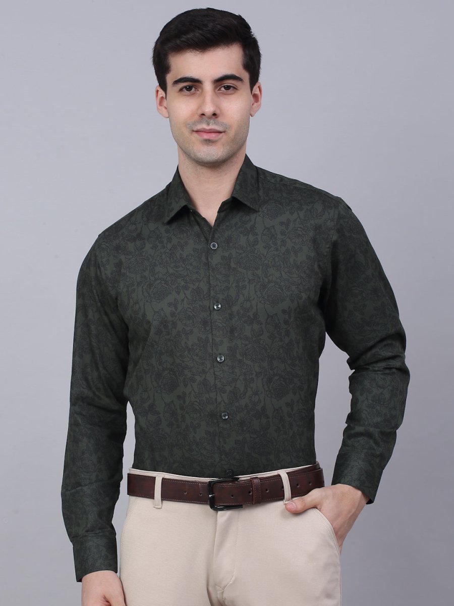 Indian Needle Men's Cotton Lycra Printed Formal Shirts - SF_845Olive_S