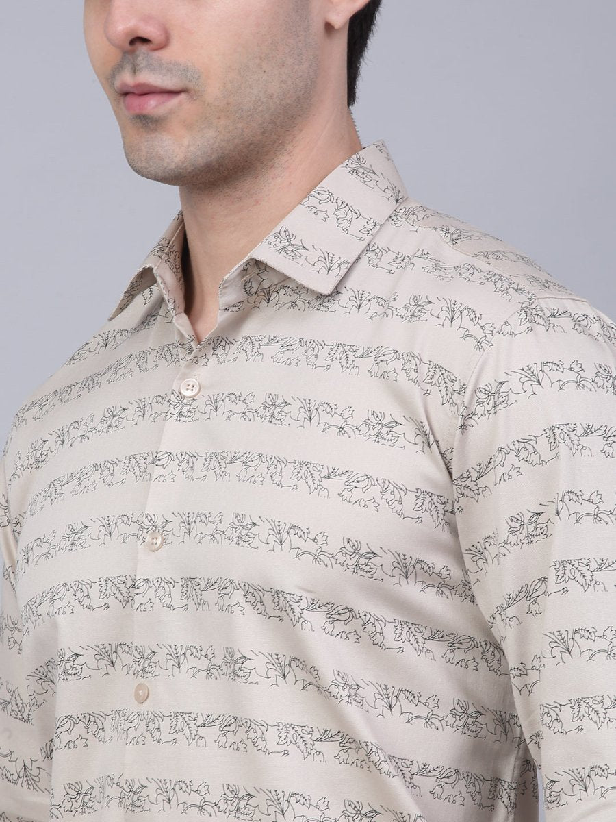 Indian Needle Men's Cotton Lycra Printed Formal Shirts - SF_844Cream_S