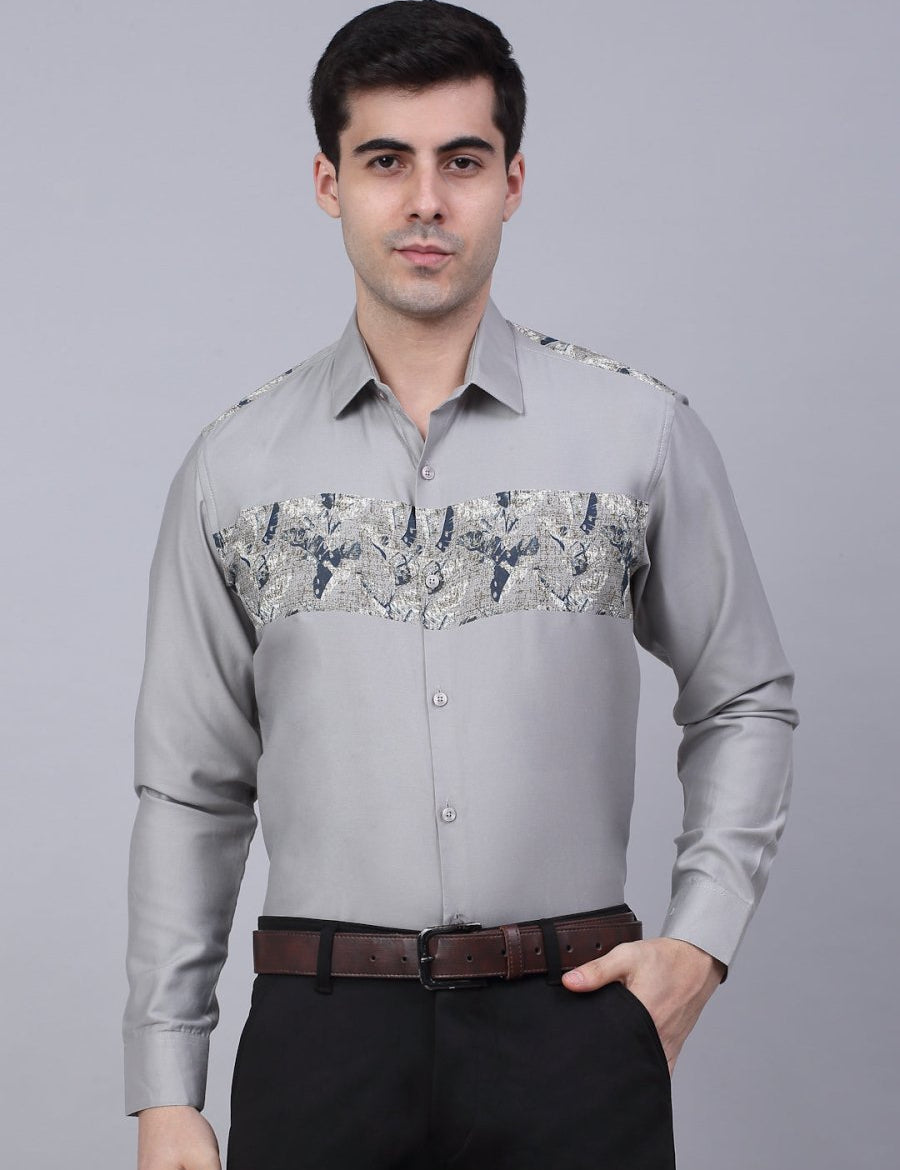 Indian Needle Men's Cotton Lycra Printed Formal Shirts - SF_843Steel-Grey_S