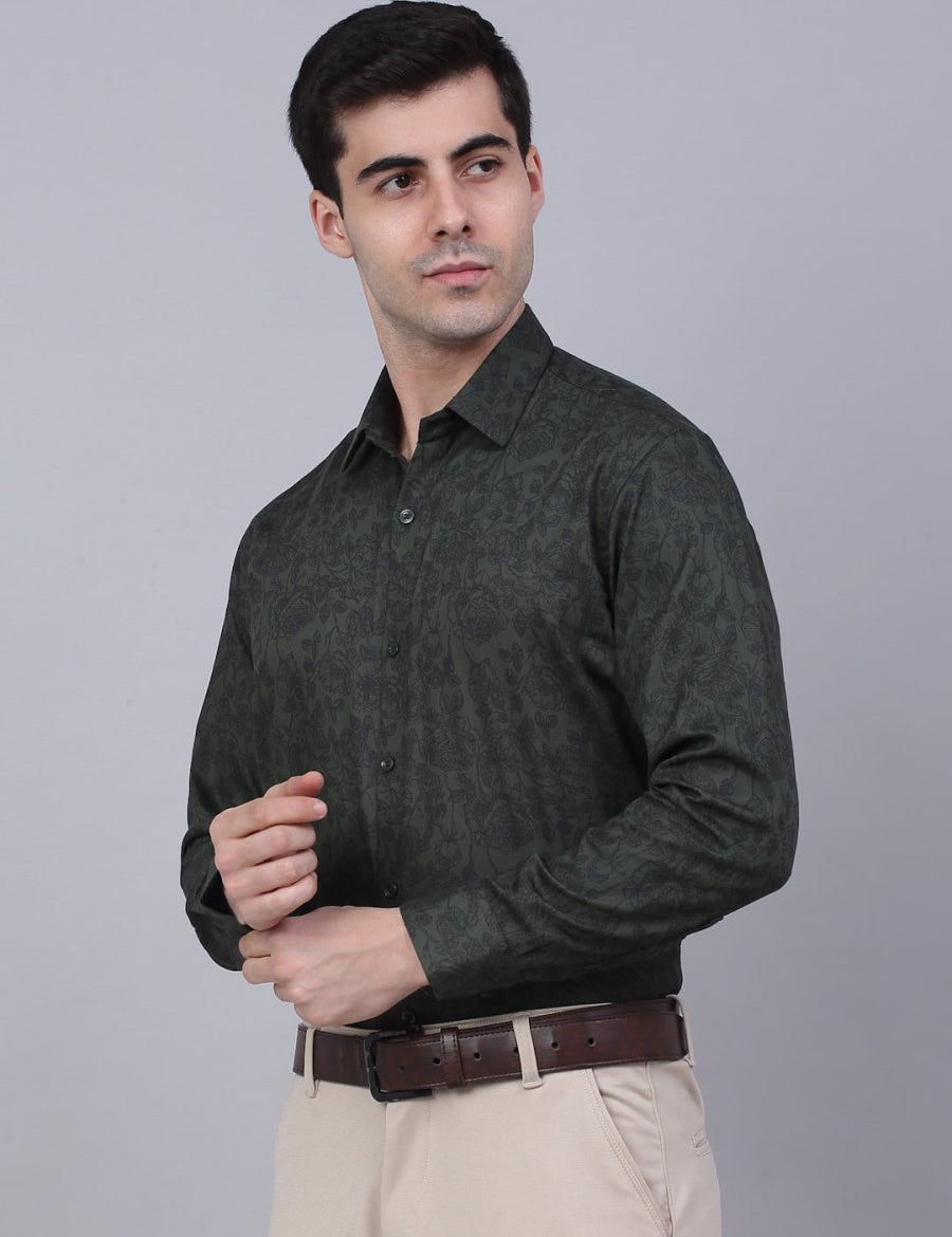 Indian Needle Men's Cotton Lycra Printed Formal Shirts - SF_845Olive_S