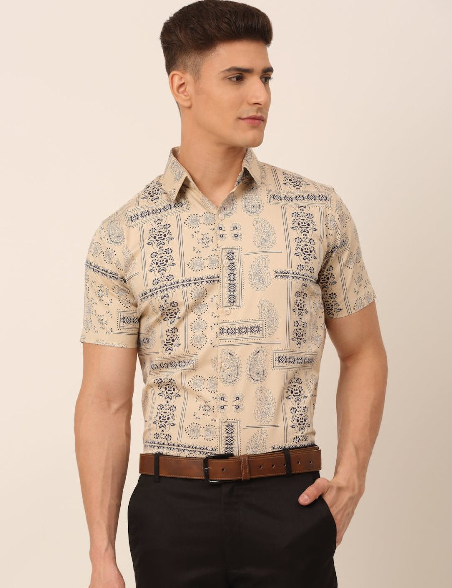 Indian Needle Men's Cotton Printed Formal Shirts - SF_826Beige_S
