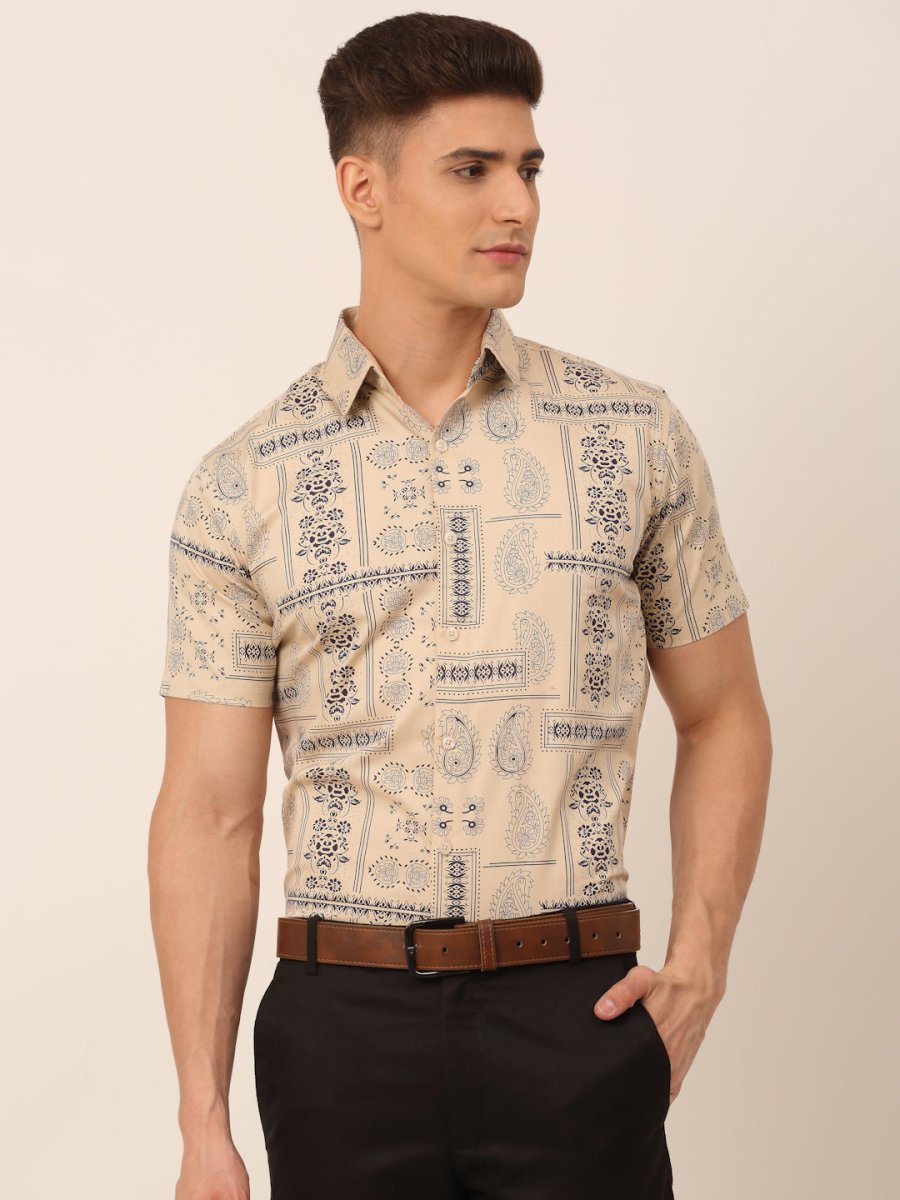 Indian Needle Men's Cotton Printed Formal Shirts - SF_826Beige_S