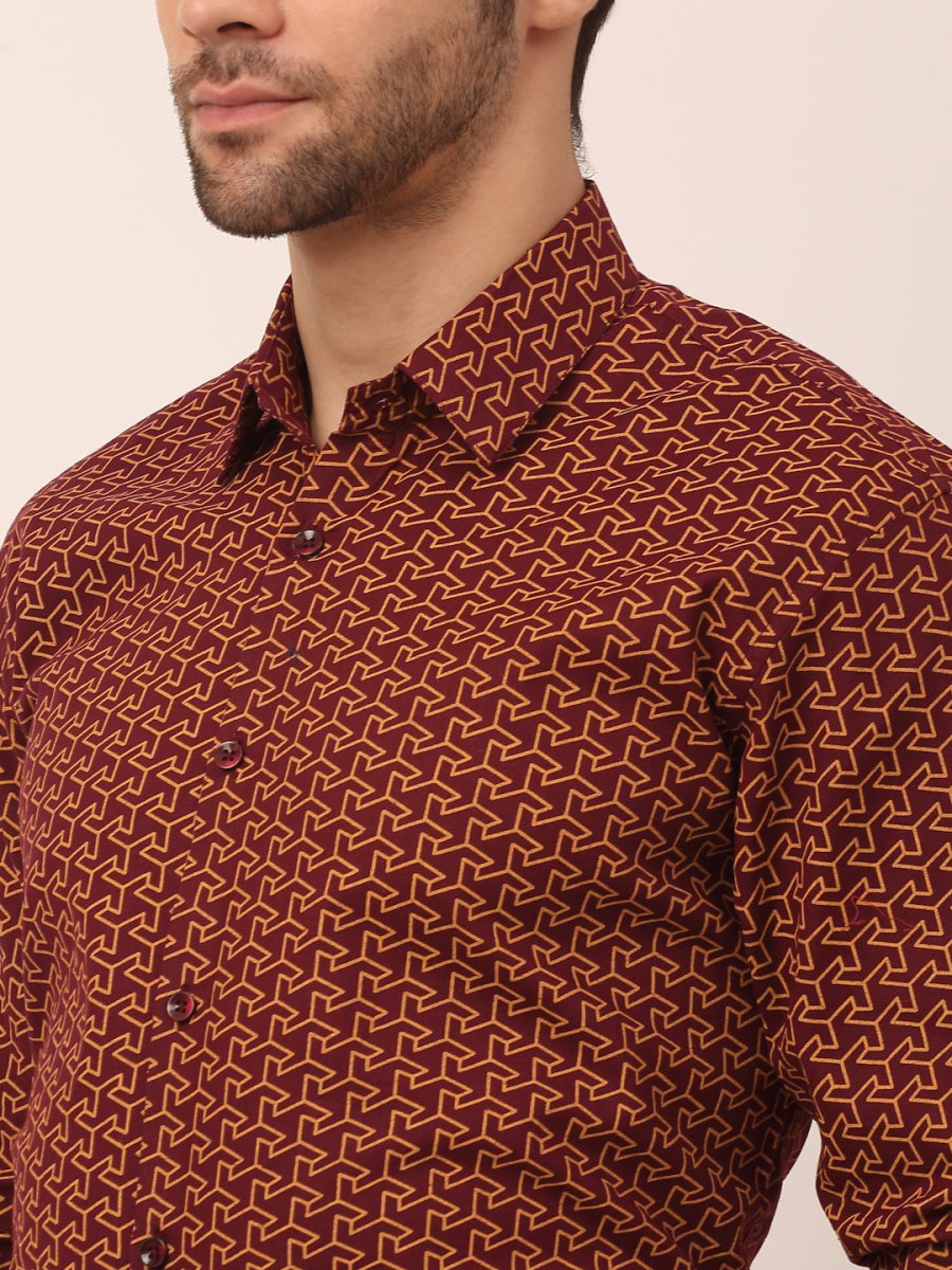 Indian Needle Men's Cotton Printed Formal Shirts - SF_821Brown_S