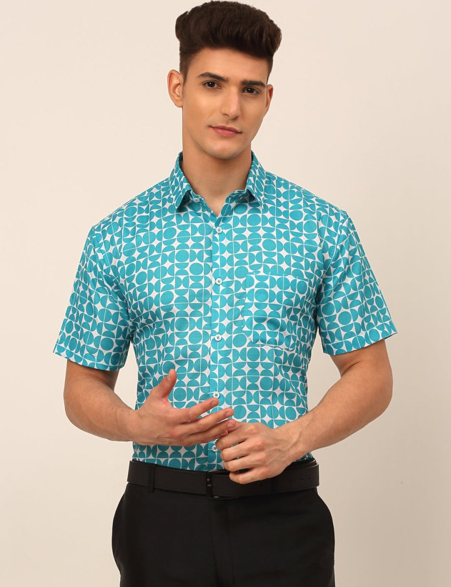 Indian Needle Men's Cotton Printed Formal Shirts - SF_830Aqua_S