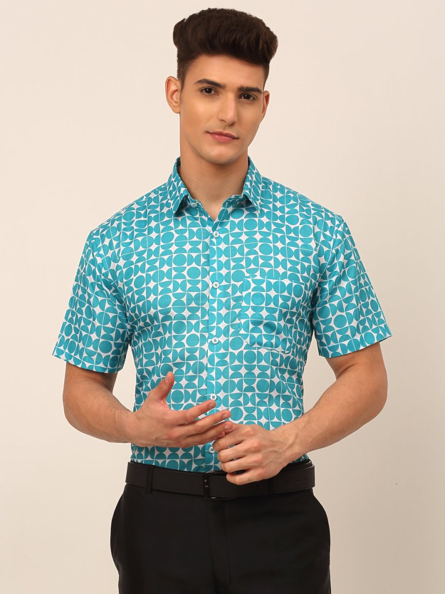 Indian Needle Men's Cotton Printed Formal Shirts - SF_830Aqua_S