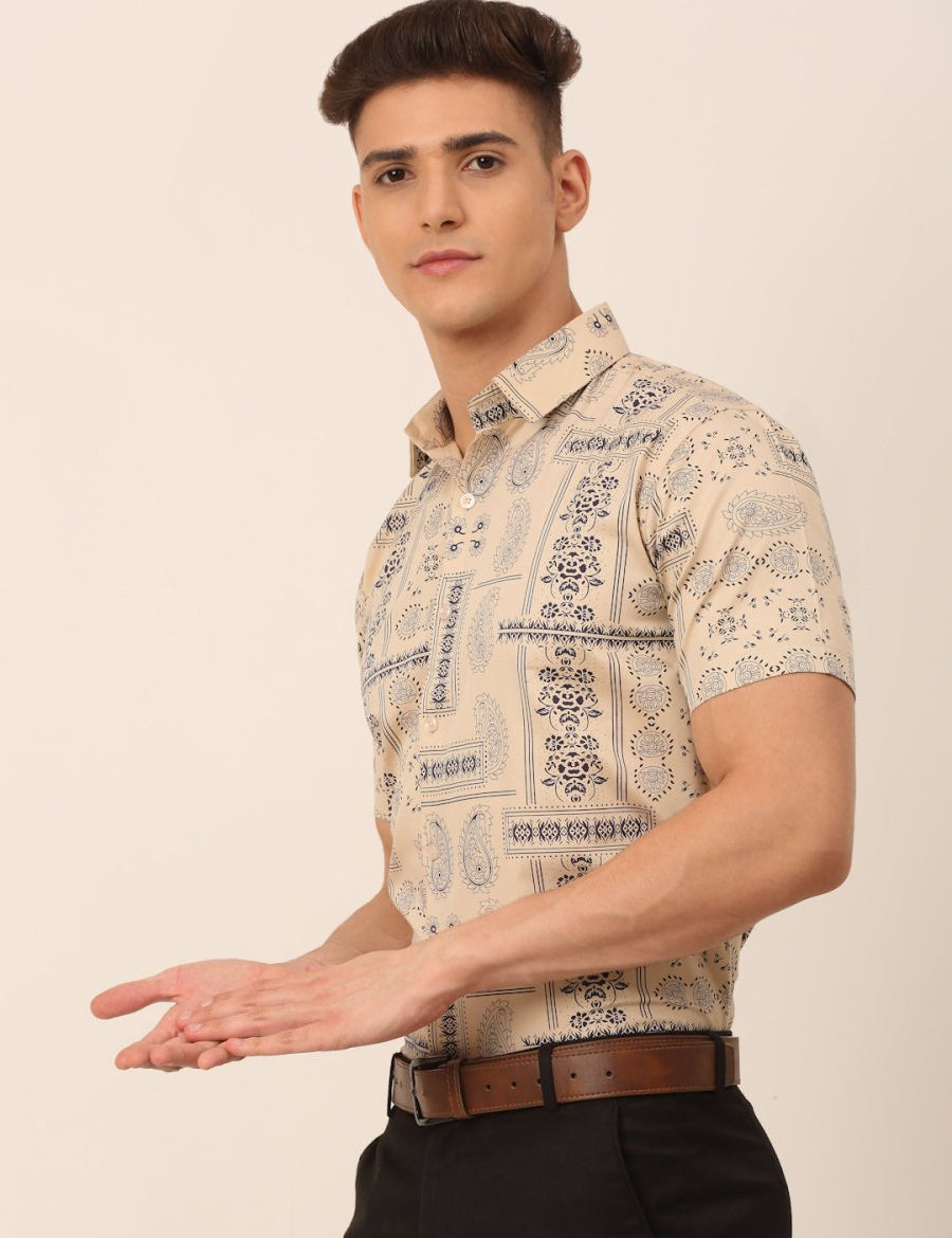 Indian Needle Men's Cotton Printed Formal Shirts - SF_826Beige_S