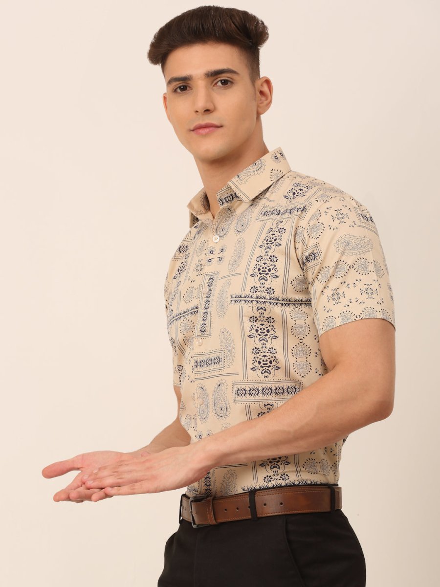 Indian Needle Men's Cotton Printed Formal Shirts - SF_826Beige_S
