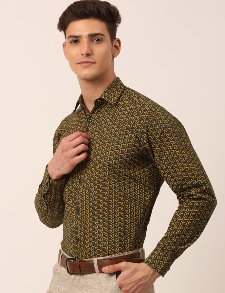 Indian Needle Men's Cotton Printed Formal Shirts - SF_821Olive_S