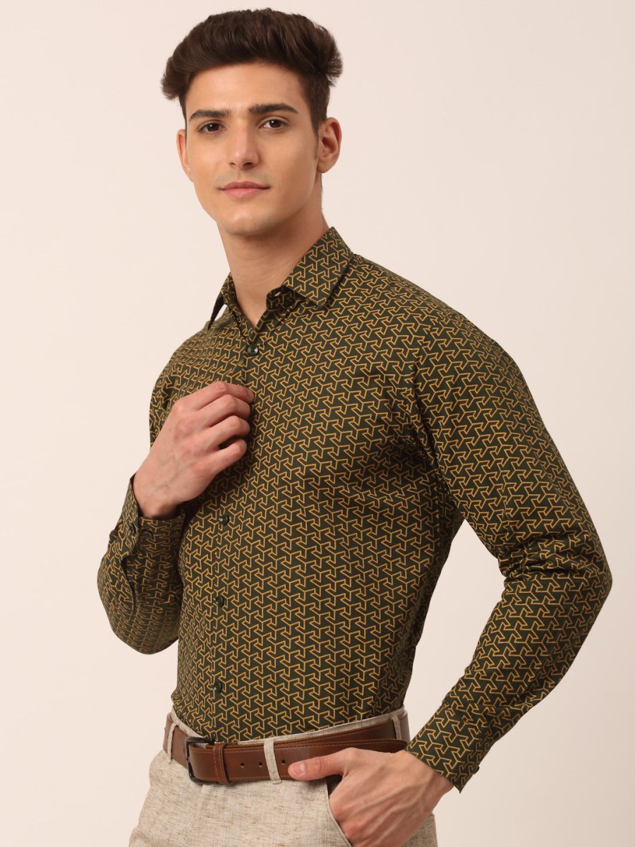 Indian Needle Men's Cotton Printed Formal Shirts - SF_821Olive_S