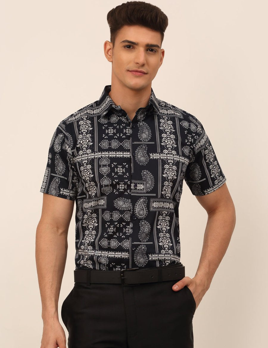 Indian Needle Men's Cotton Printed Formal Shirts - SF_826Navy_S