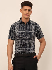 Indian Needle Men's Cotton Printed Formal Shirts - SF_826Navy_S