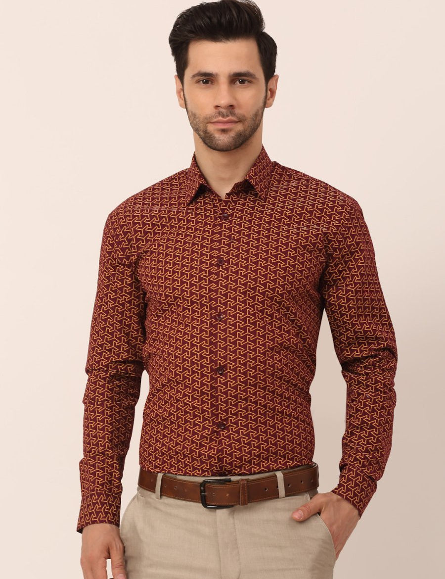 Indian Needle Men's Cotton Printed Formal Shirts - SF_821Brown_S