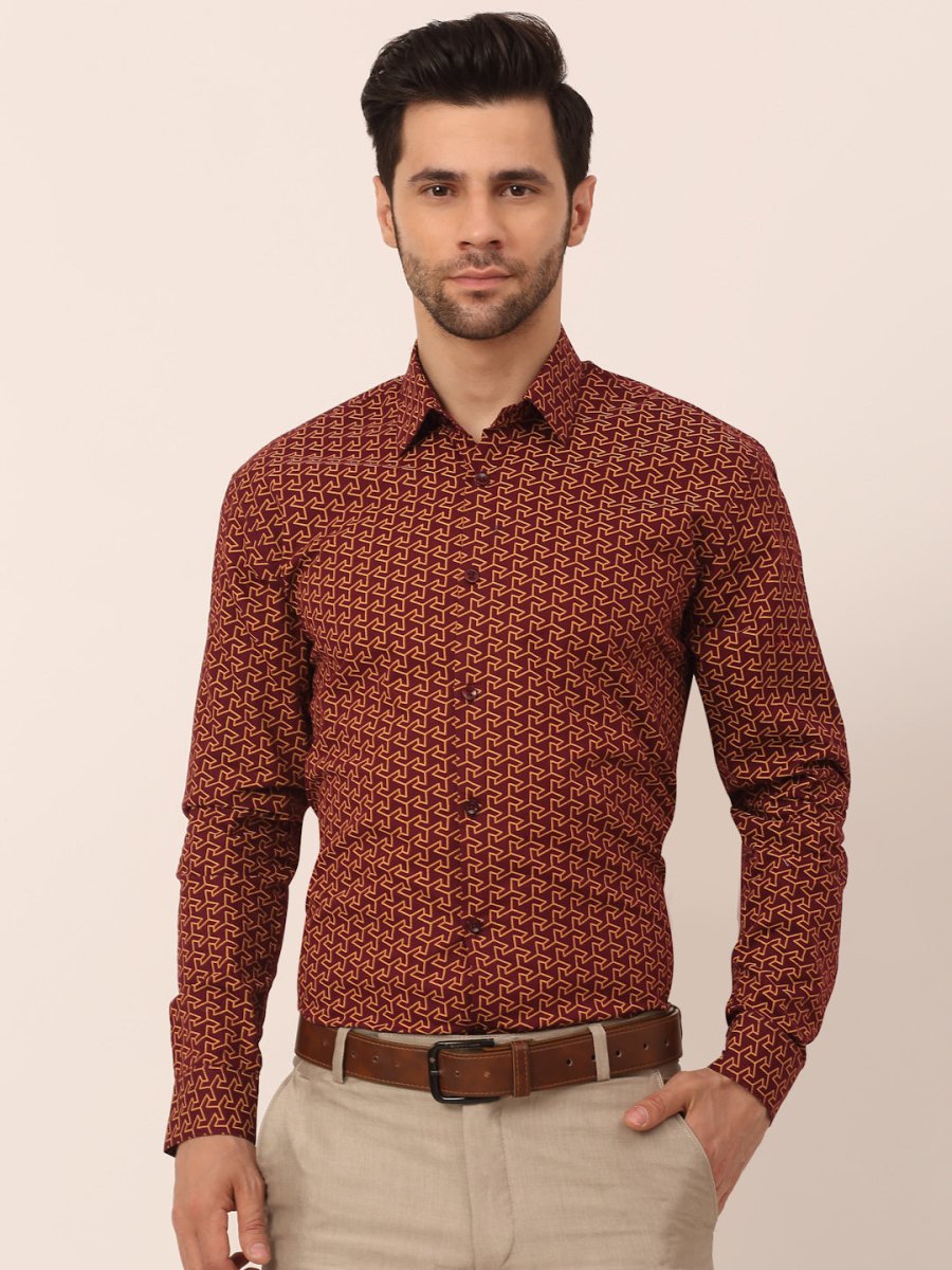 Indian Needle Men's Cotton Printed Formal Shirts - SF_821Brown_S