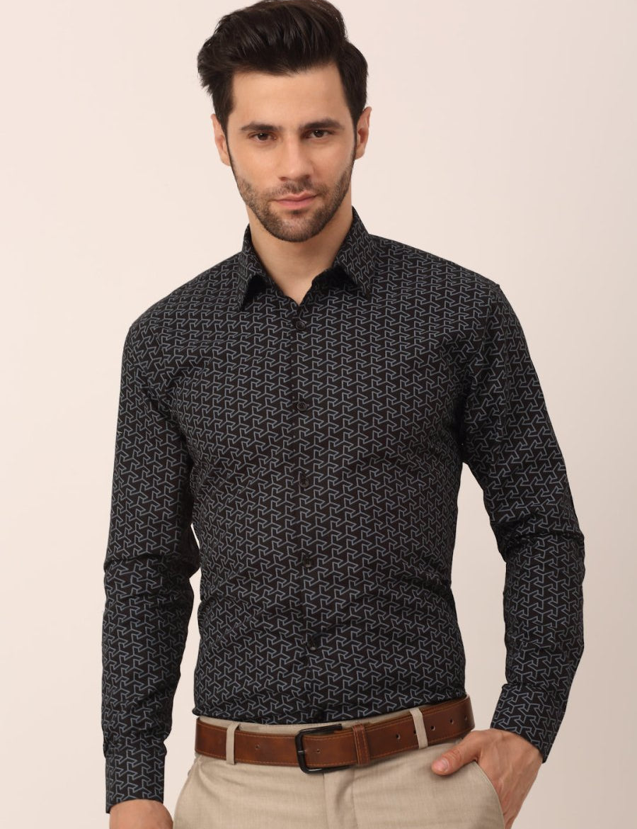 Indian Needle Men's Cotton Printed Formal Shirts - SF_821Black_S
