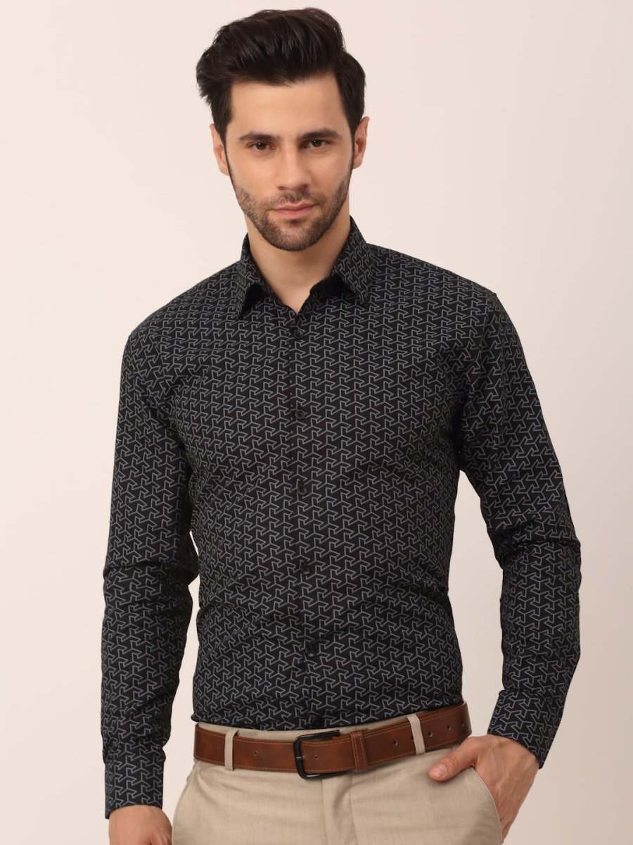 Indian Needle Men's Cotton Printed Formal Shirts - SF_821Black_S