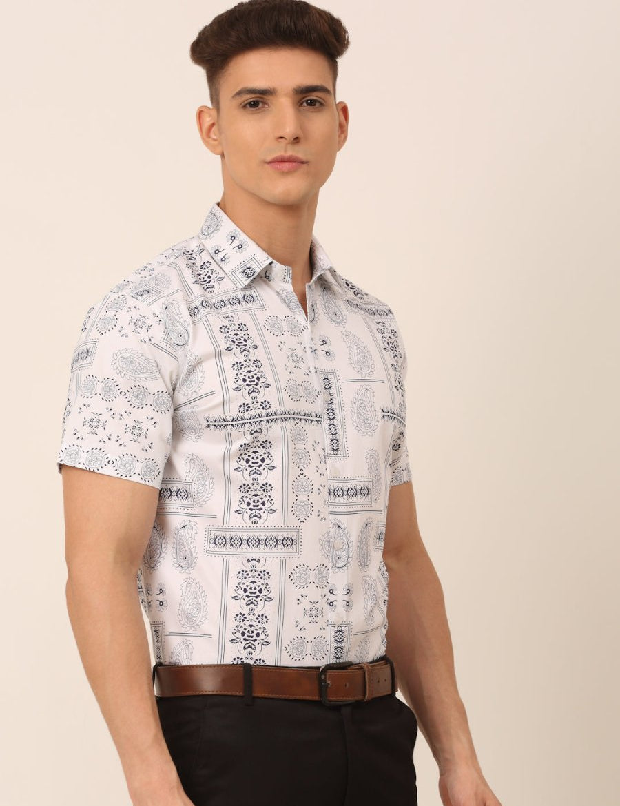 Indian Needle Men's Cotton Printed Formal Shirts - SF_826White_S