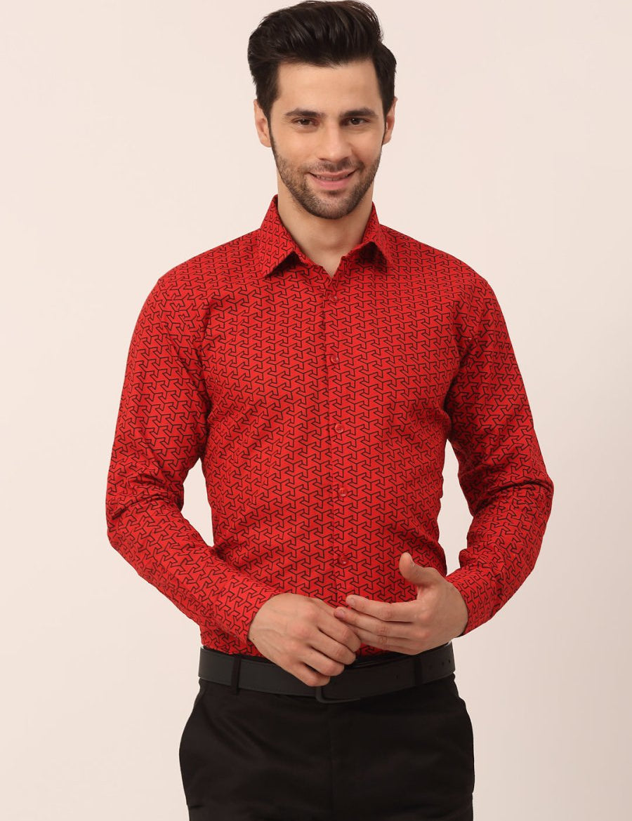 Indian Needle Men's Cotton Printed Formal Shirts - SF_821Red_S