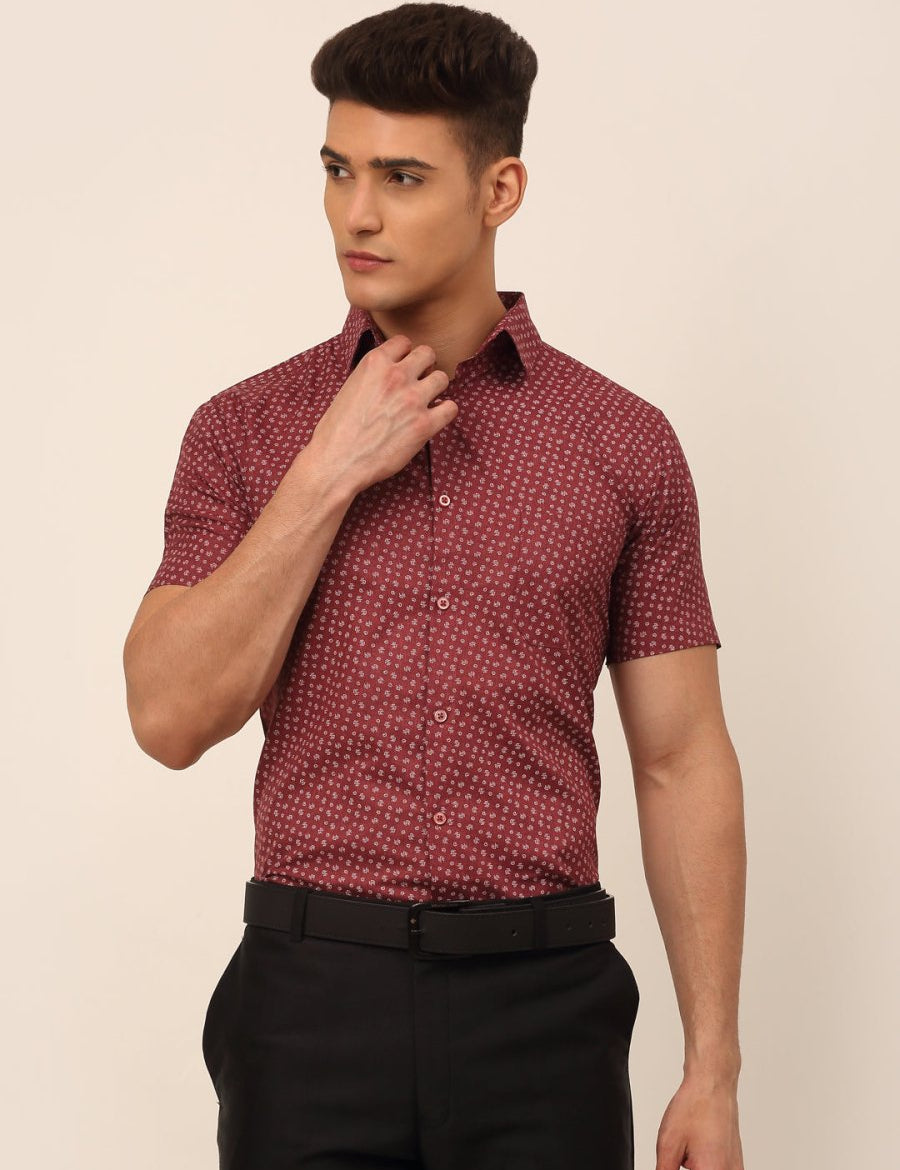Indian Needle Men's Cotton Printed Formal Shirts - SF_823Maroon_S