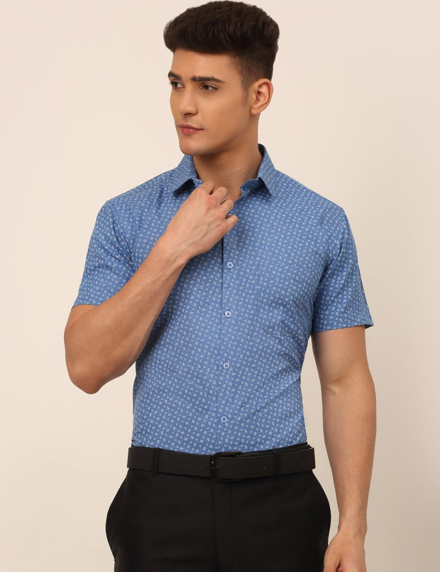 Indian Needle Men's Cotton Printed Formal Shirts - SF_823Blue_S