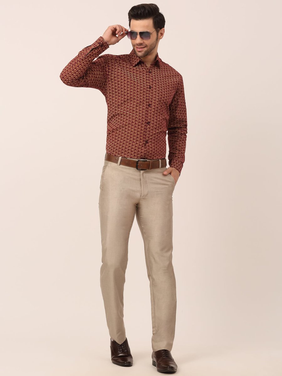 Indian Needle Men's Cotton Printed Formal Shirts - SF_821Brown_S