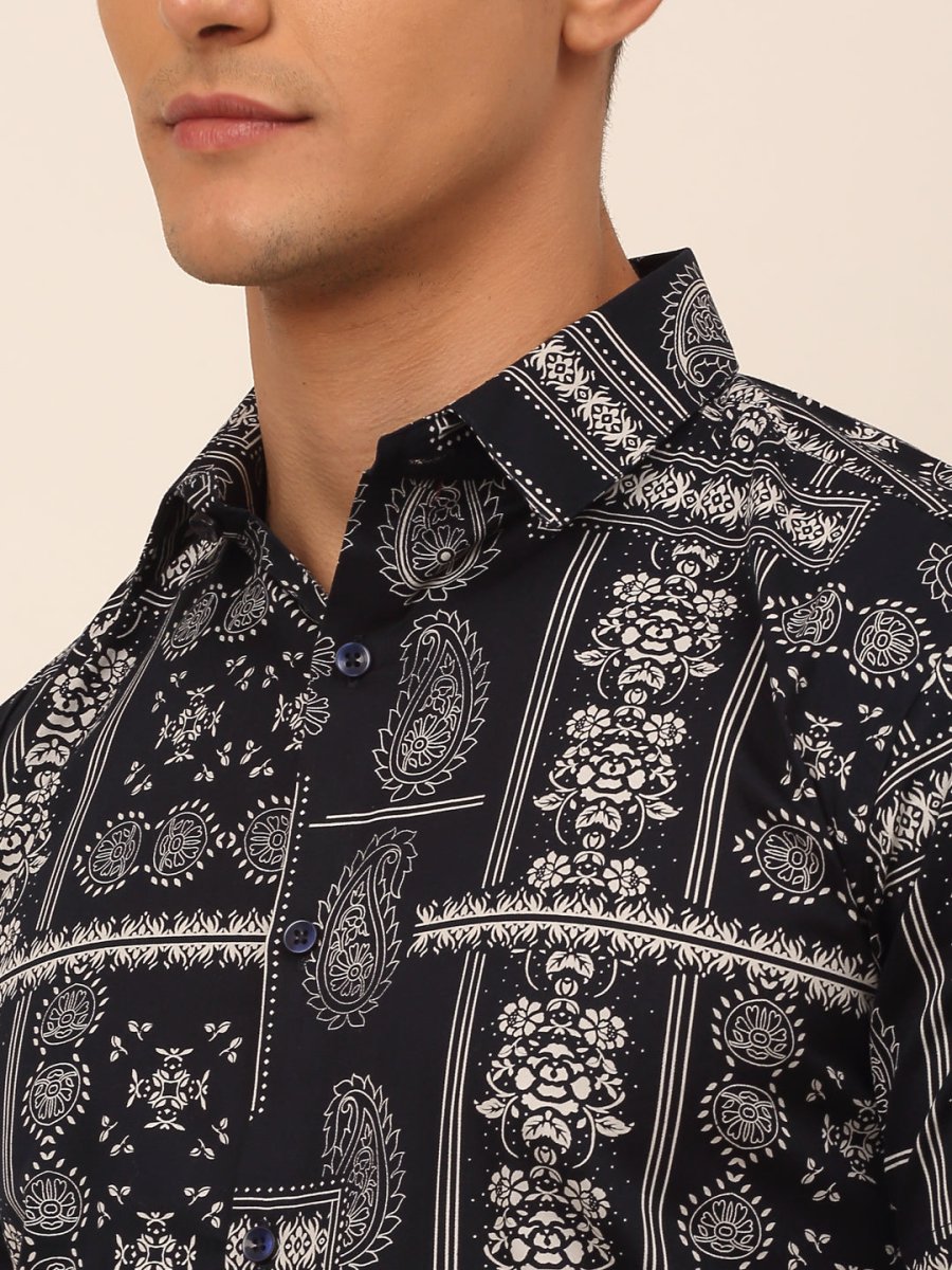 Indian Needle Men's Cotton Printed Formal Shirts - SF_826Navy_S