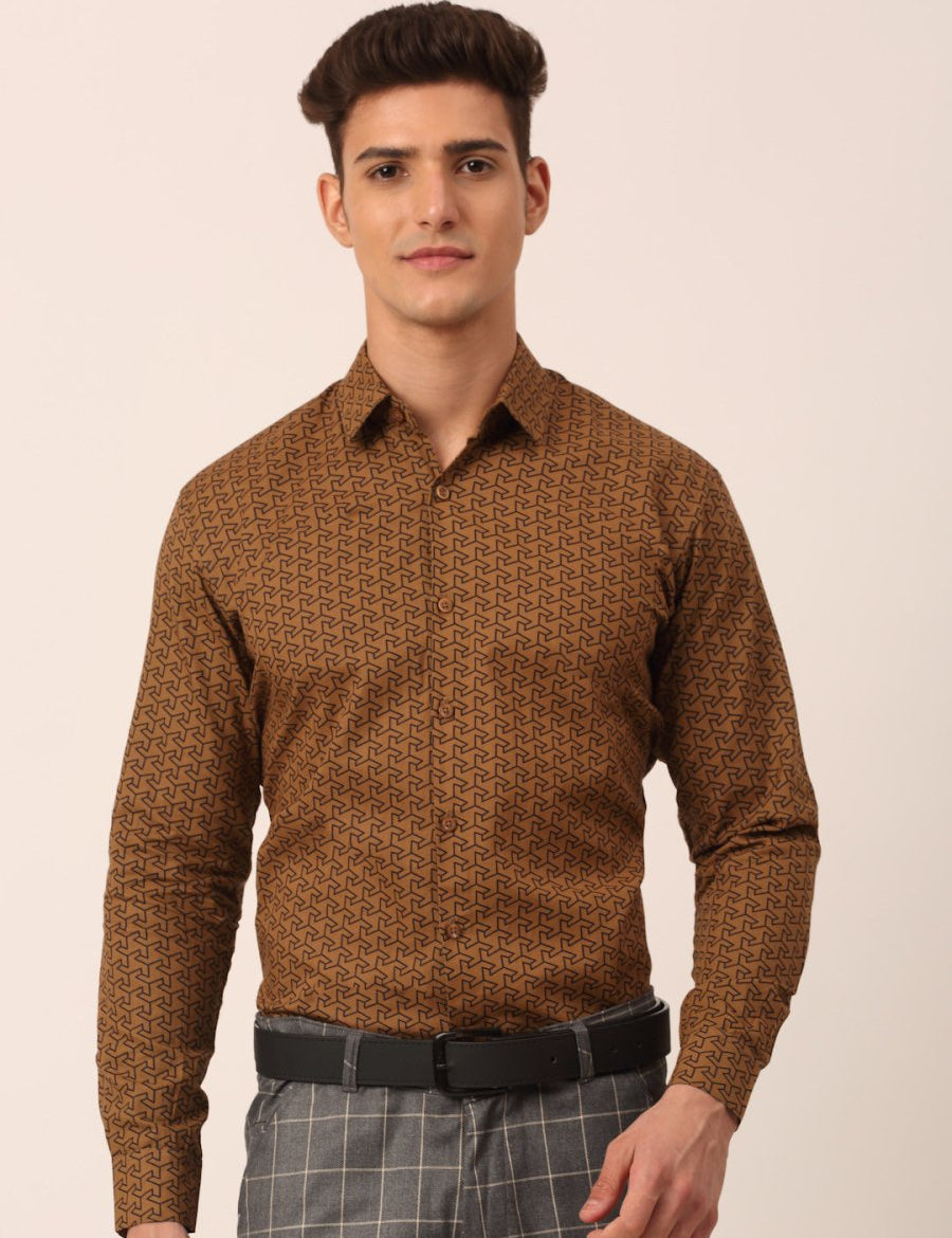 Indian Needle Men's Cotton Printed Formal Shirts - SF_821Beige_S