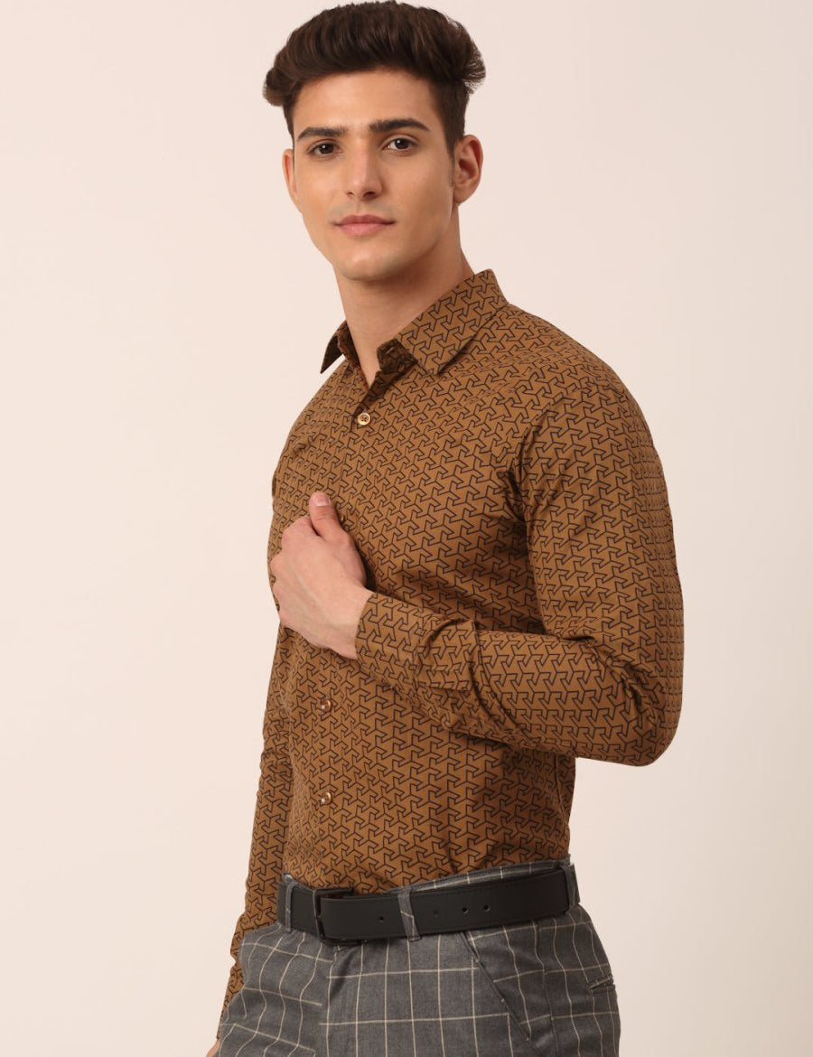 Indian Needle Men's Cotton Printed Formal Shirts - SF_821Beige_S