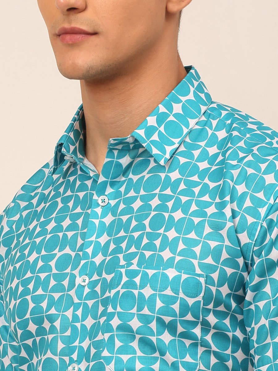 Indian Needle Men's Cotton Printed Formal Shirts - SF_830Aqua_S