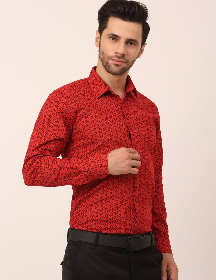 Indian Needle Men's Cotton Printed Formal Shirts - SF_821Red_S