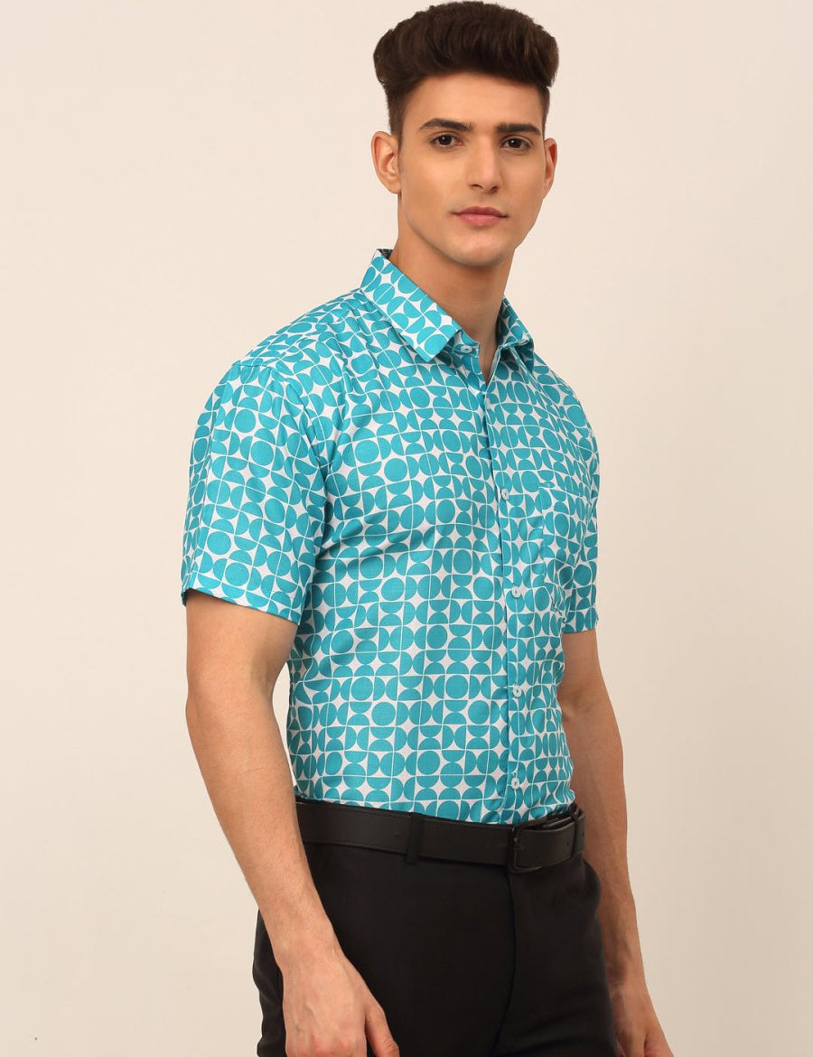 Indian Needle Men's Cotton Printed Formal Shirts - SF_830Aqua_S