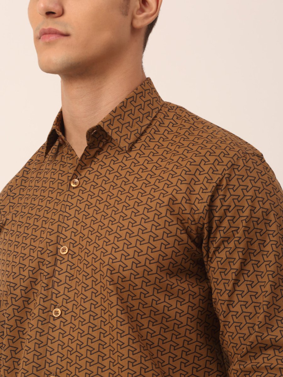 Indian Needle Men's Cotton Printed Formal Shirts - SF_821Beige_S