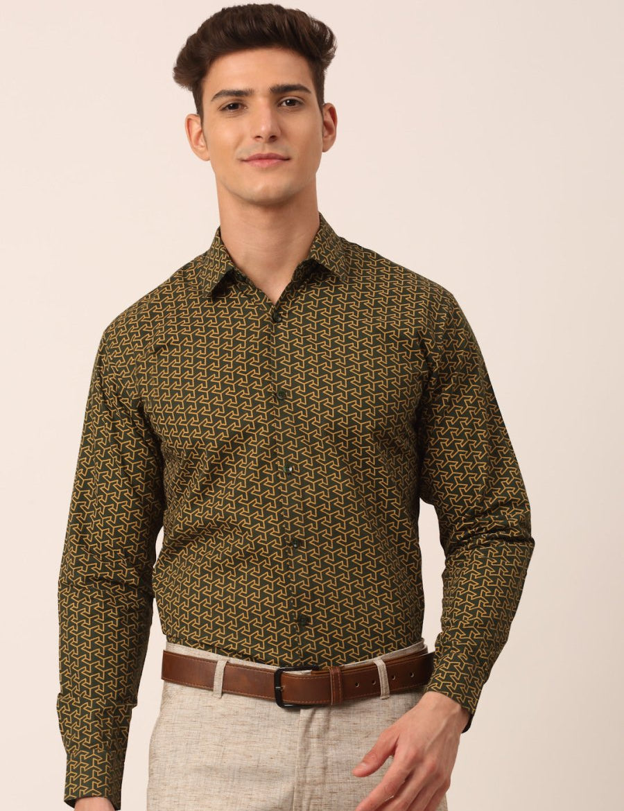 Indian Needle Men's Cotton Printed Formal Shirts - SF_821Olive_S