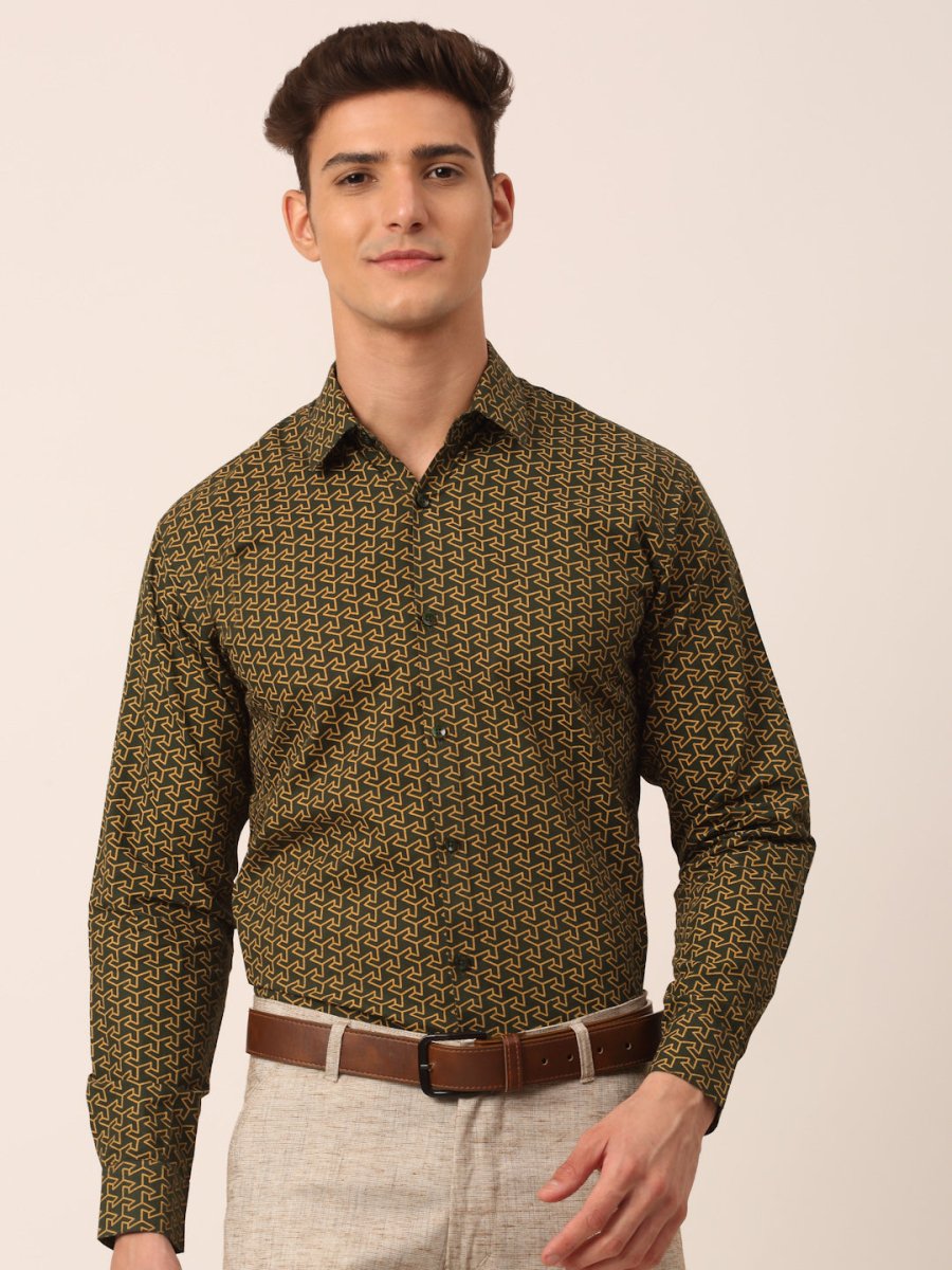 Indian Needle Men's Cotton Printed Formal Shirts - SF_821Olive_S