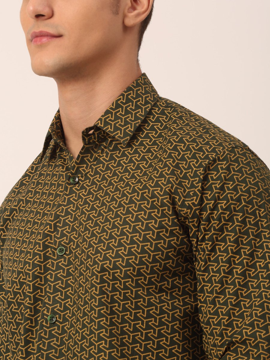 Indian Needle Men's Cotton Printed Formal Shirts - SF_821Olive_S