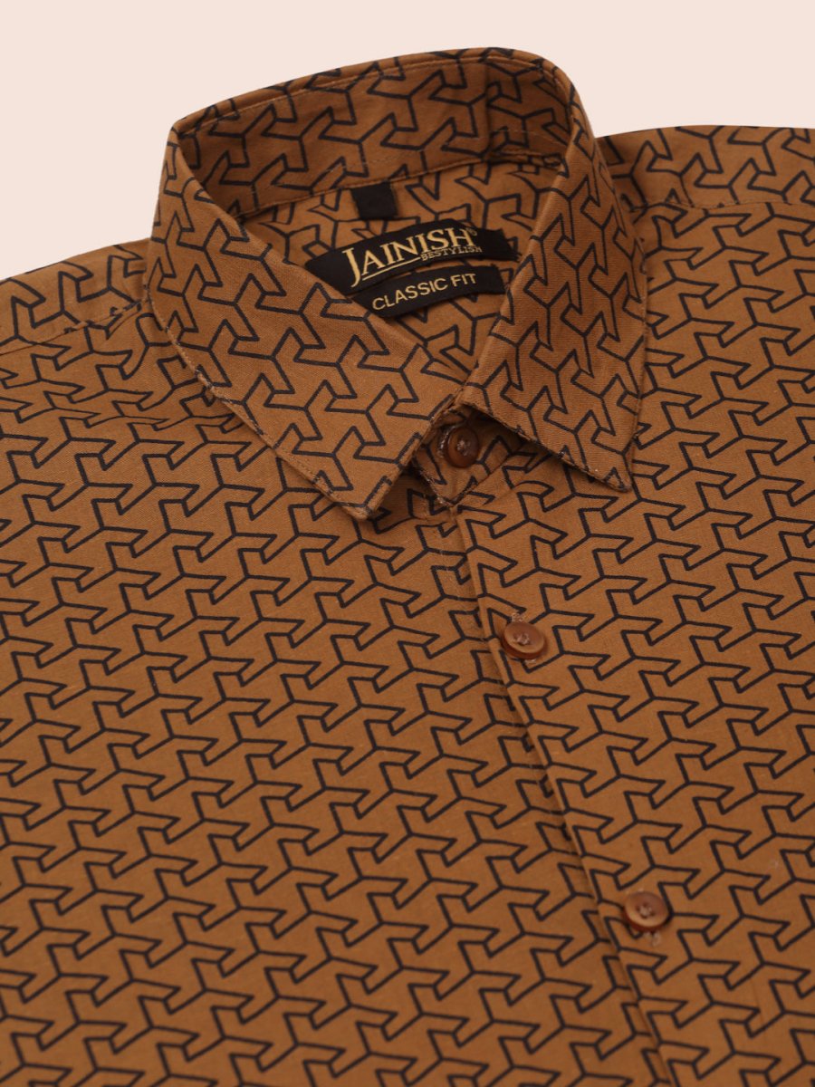 Indian Needle Men's Cotton Printed Formal Shirts - SF_821Beige_S