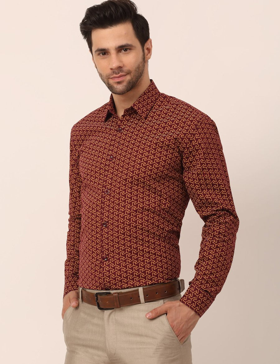 Indian Needle Men's Cotton Printed Formal Shirts - SF_821Brown_S
