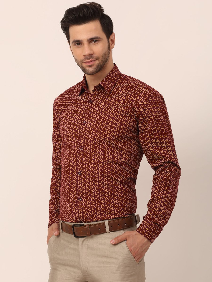 Indian Needle Men's Cotton Printed Formal Shirts - SF_821Brown_S