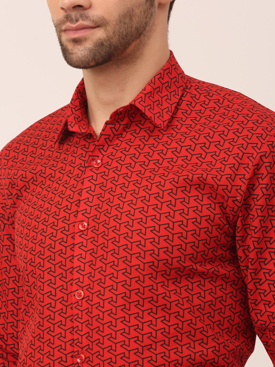 Indian Needle Men's Cotton Printed Formal Shirts - SF_821Red_S