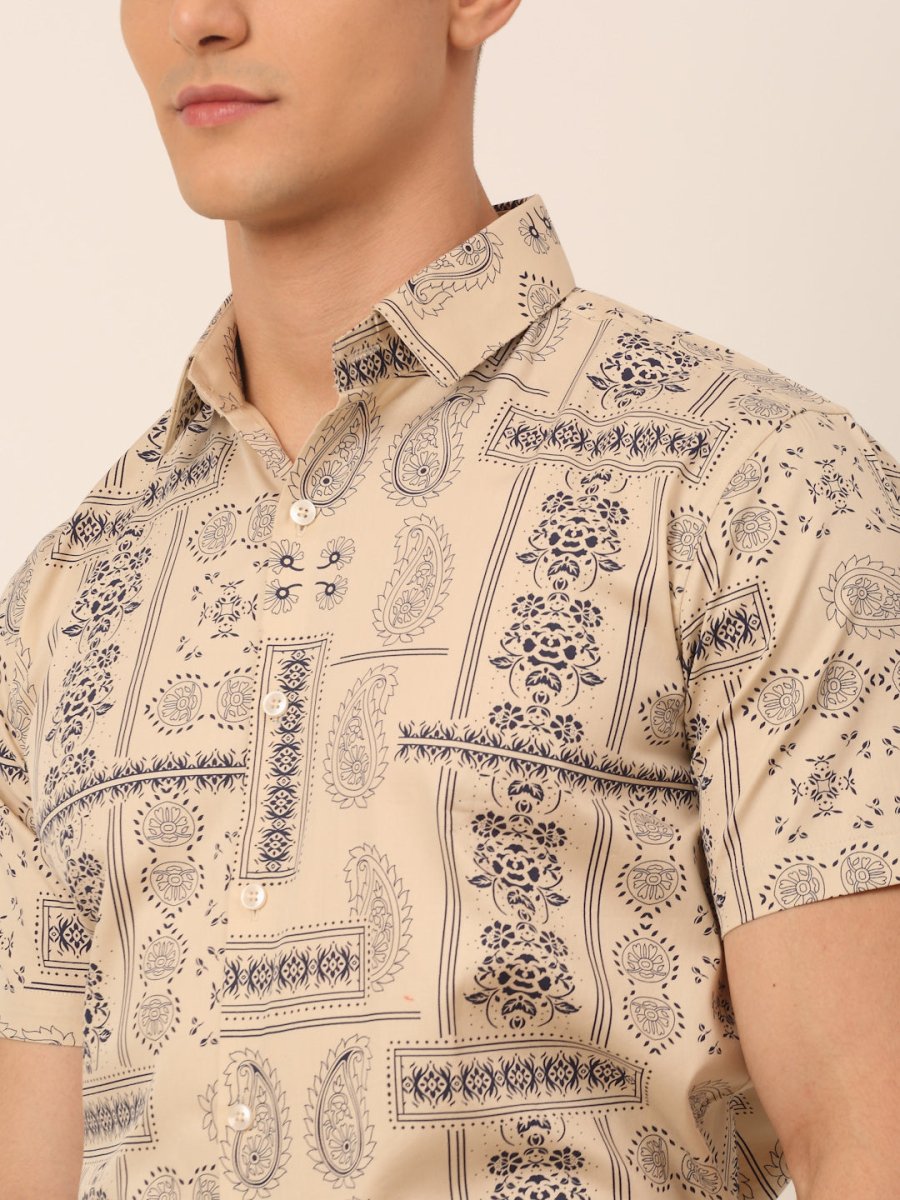 Indian Needle Men's Cotton Printed Formal Shirts - SF_826Beige_S