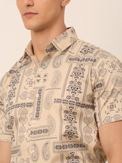 Indian Needle Men's Cotton Printed Formal Shirts - SF_826Beige_S