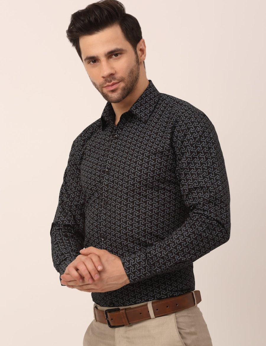 Indian Needle Men's Cotton Printed Formal Shirts - SF_821Black_S