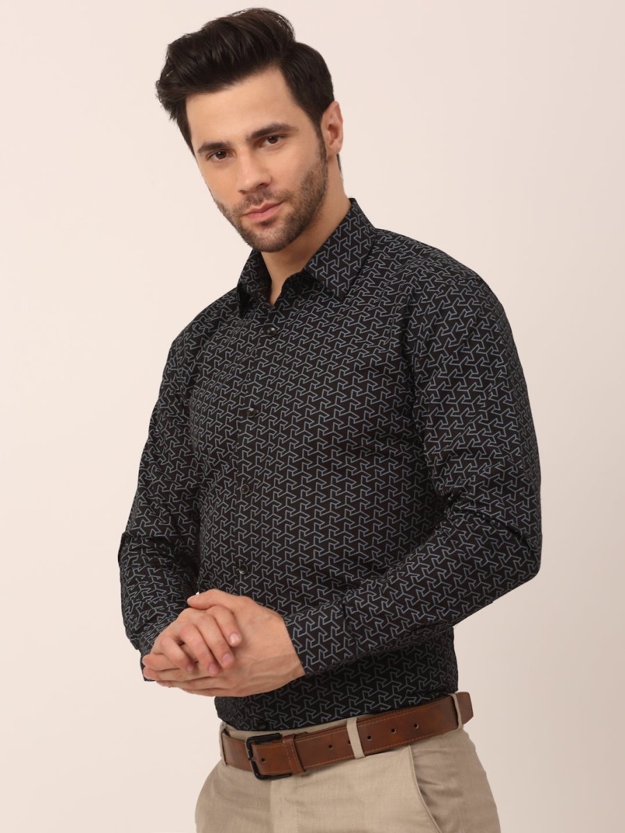 Indian Needle Men's Cotton Printed Formal Shirts - SF_821Black_S